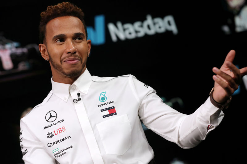 © Reuters. FILE PHOTO: Mercedes' Lewis Hamilton speaks ahead of the United States Grand Prix in New York City