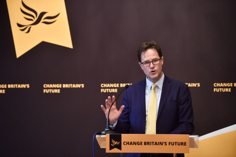 © Reuters. Formal Liberal Democrat leader Nick Clegg speaks at a campaign event in London