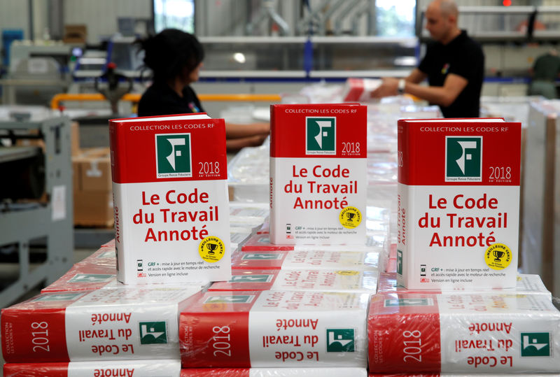 © Reuters. FILE PHOTO: Employees display copies of the 2018 French Labour Code