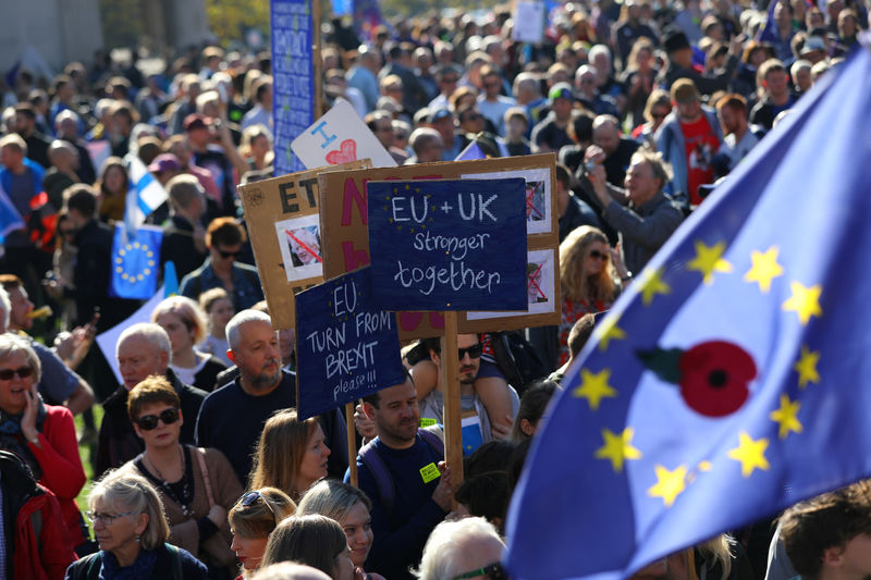 © Reuters. آلاف يتظاهرون في لندن للمطالبة باستفتاء على شروط مغادرة الاتحاد الأوروبي