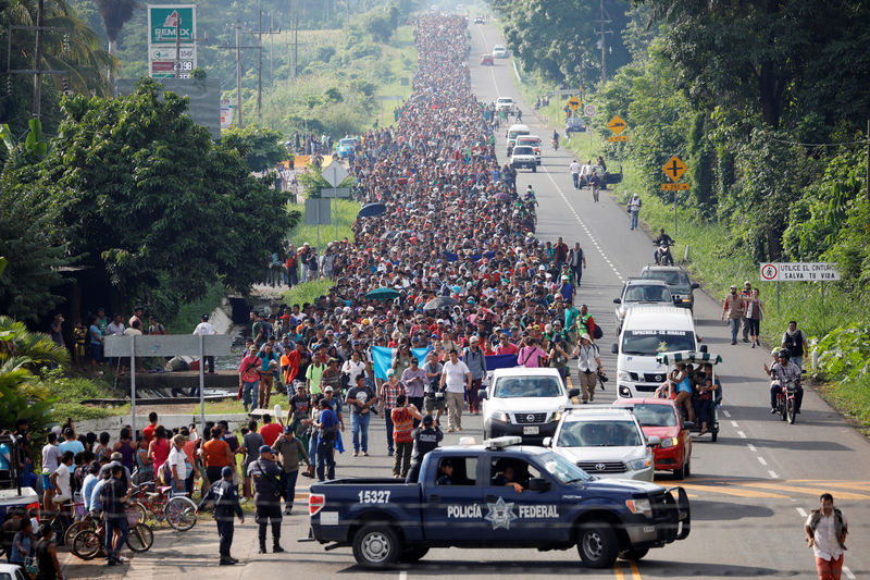 © Reuters. Imigrantes da América Central percorrem rodovia próximo da fronteira do México com a Guatemala em tentativa de chegarem aos EUA