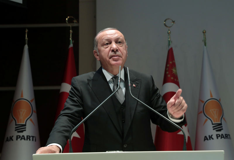 Â© Reuters. Turkish President Erdogan speaks during a meeting of his ruling AK Party in Ankara