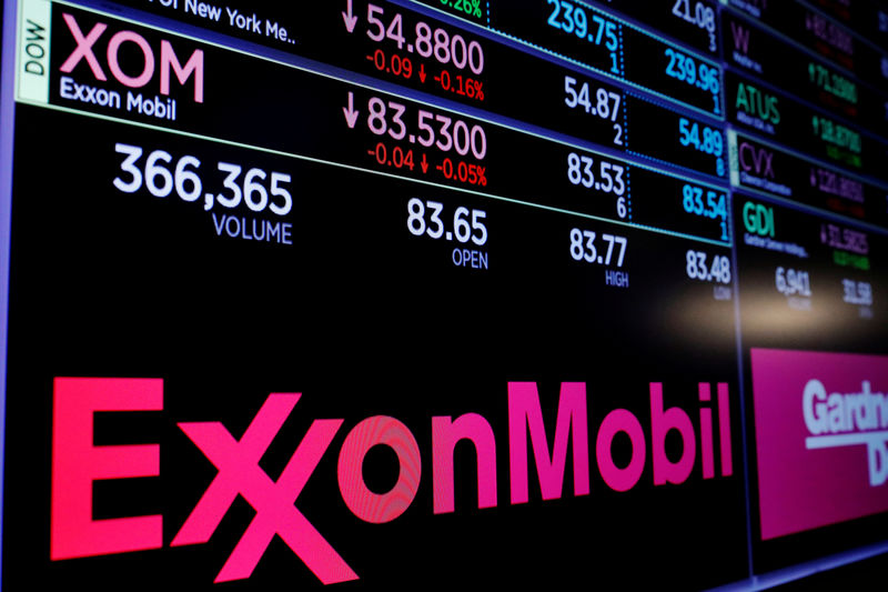 © Reuters. FILE PHOTO: A logo of Exxon Mobil is displayed on a monitor above the floor of the New York Stock Exchange shortly after the opening bell in New York
