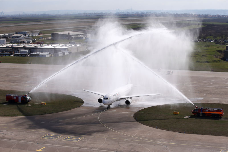 © Reuters. An IranAir Airbus A320 is greeted with a water cannon salute on arrival at Belgrade's Nikola Tesla Airport