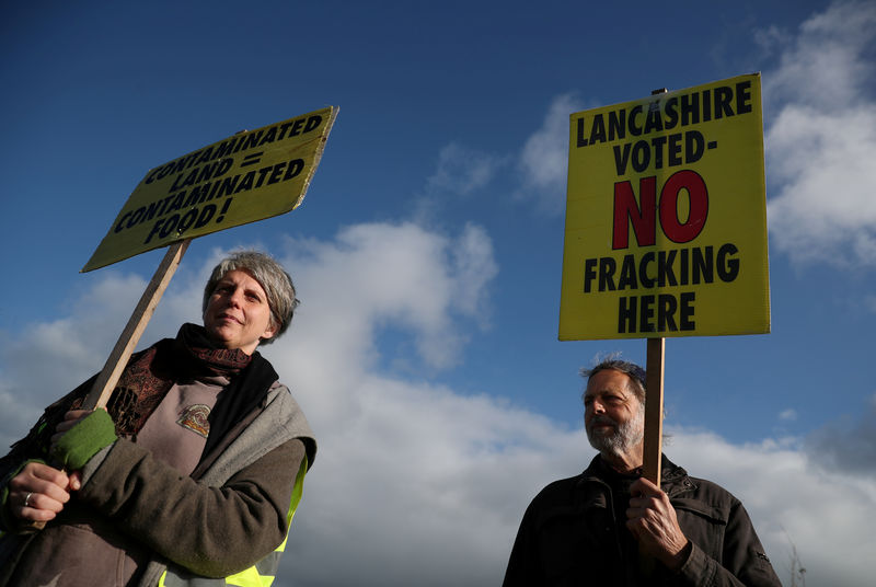 © Reuters. FILE PHOTO: Protesters stand outside Cuadrilla's Preston Road fracking site near Blackpool