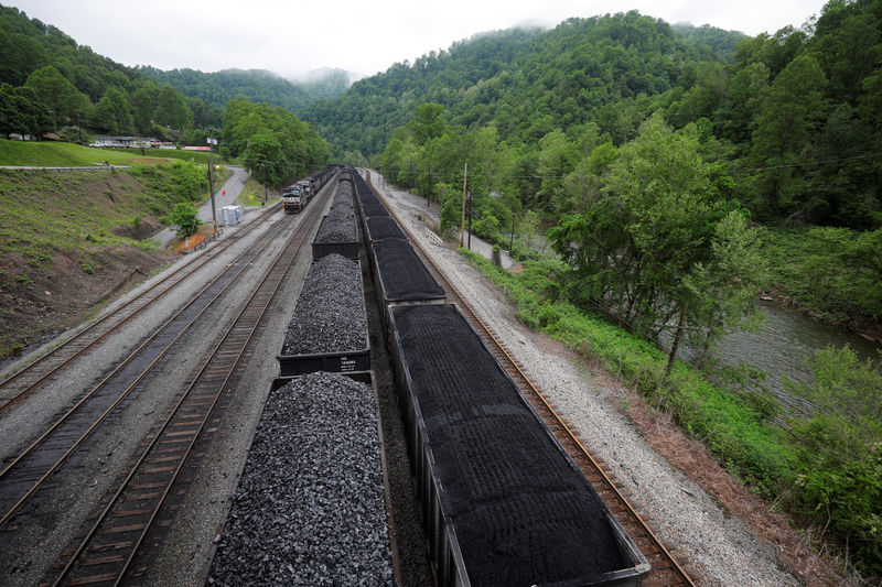 © Reuters. Coal sits in train cars on tracks in Grundy, Virginia