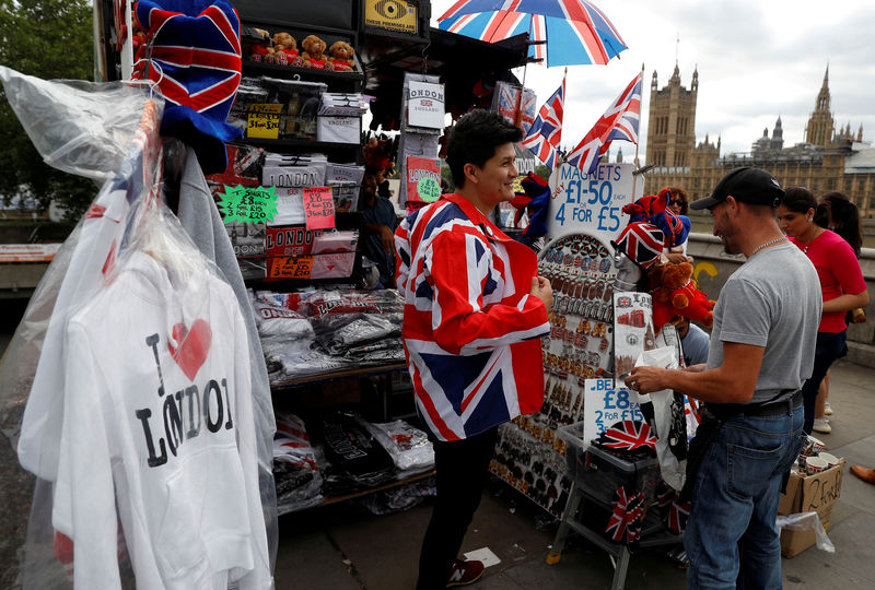 Â© Reuters. FILE PHOTO: A man tries on a Union Jack-themed jacket at a souvenir stall in London