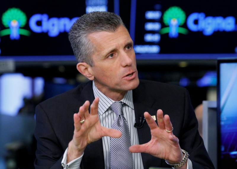 © Reuters. FILE PHOTO - David Cordani, president and CEO of CIGNA Corp., appears on CNBC at the NYSE in New York