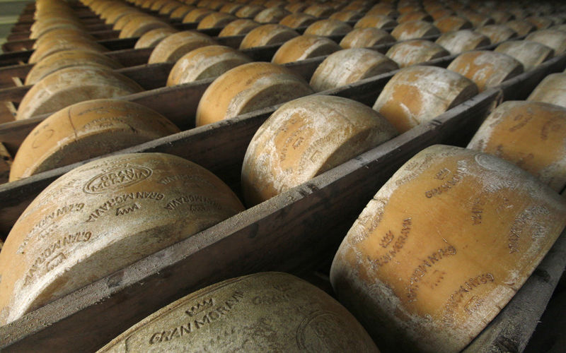 © Reuters. FILE PHOTO - Wheels of parmesan are stored on shelves to mature at a dairy plant in Litovel