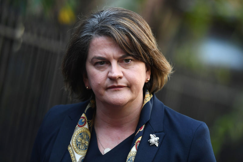 © Reuters. FILE PHOTO: Arlene Foster, leader of the Democratic Unionist Party, speaks to jourmalists during a visit to Dublin