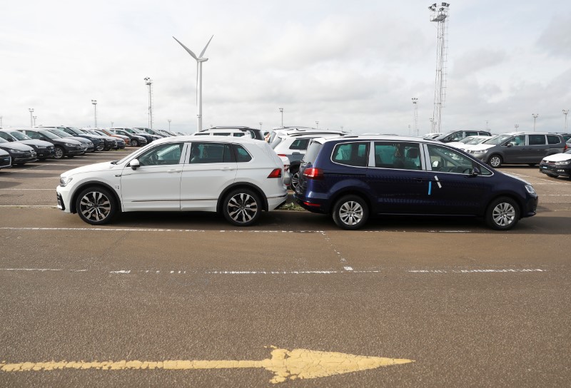 © Reuters. Imported cars are parked in a storage area at Sheerness port, Sheerness