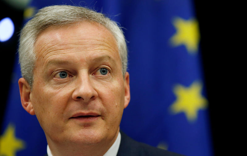 © Reuters. French Finance Minister Le Maire speaks on tax issues at a joint hearing with lawmakers of the economic affairs committee at the European Parliament in Strasbourg