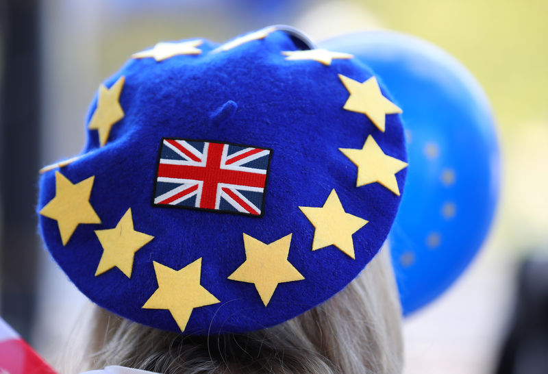 © Reuters. Una manifestante viste una boina antes de una protesta contra el Brexit, en el centro de Londres