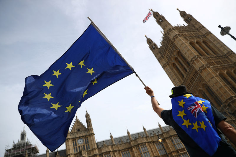 © Reuters. Manifestante anti-Brexit levanta bandeira da União Europeia em Londres