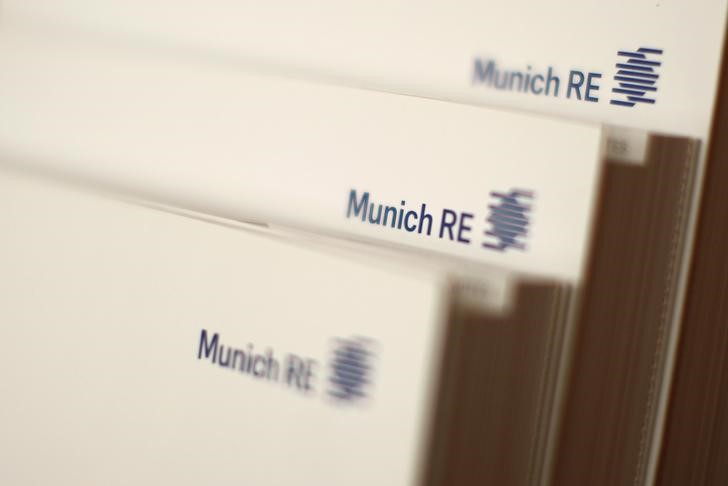© Reuters. Books by world's biggest reinsurer Munich Re are pictured in office building in Munich