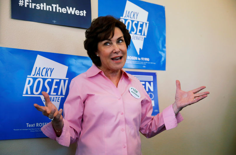 © Reuters. U.S. Rep. Jacky Rosen greets supporters during a canvass launch at the Nevada State Democratic Party's Centennial Hills field office during midterm Election Day in Las Vegas