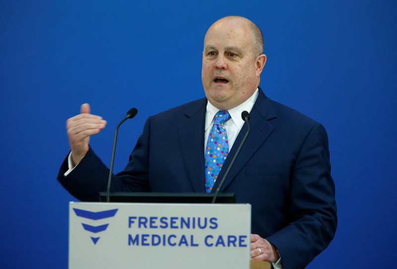 © Reuters. Fresenius Medical Care CEO Powell addresses the company's annual news conference in Bad Homburg