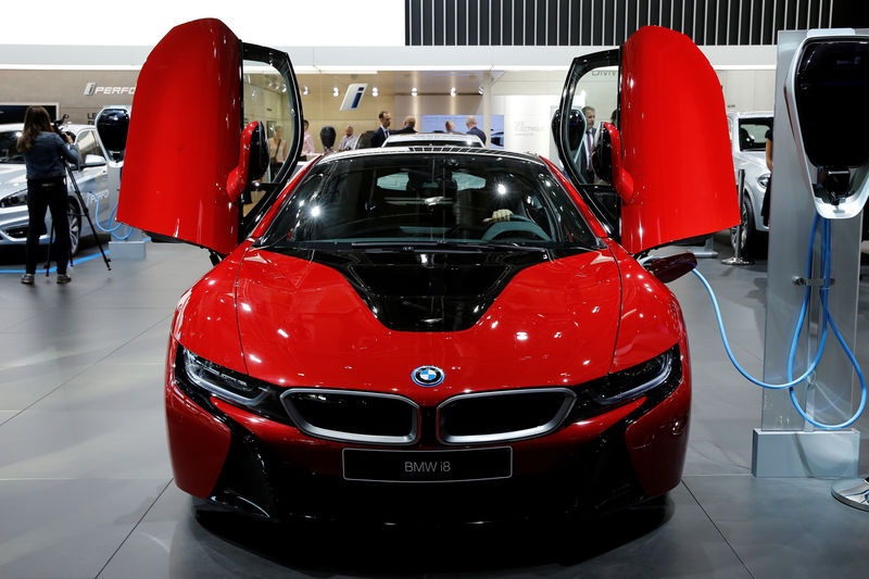 © Reuters. The BMW i8 car is displayed on media day at the Paris auto show, in Paris