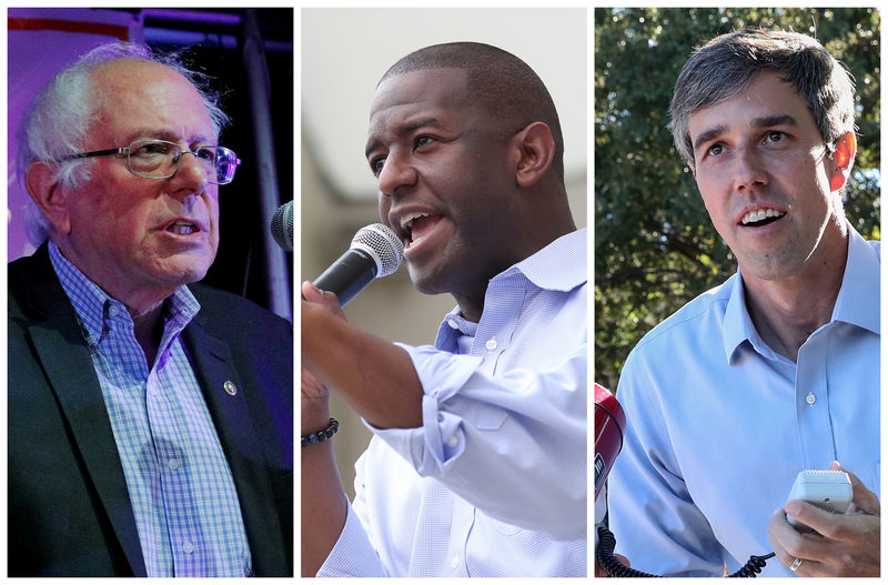 © Reuters. Combinação de fotos de Bernie Sanders, Andrew Gillum e Beto O'Rourke