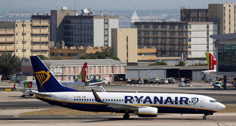 © Reuters. FILE PHOTO: A Ryanair Boeing 737 plane taxis at Lisbon's airport