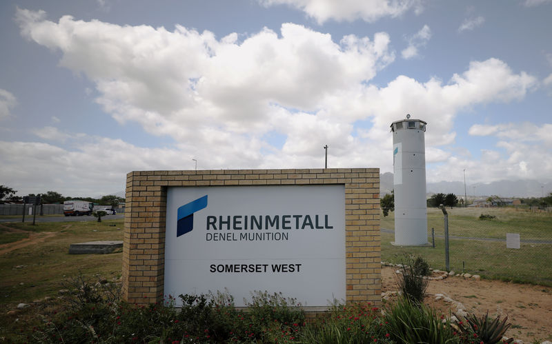© Reuters. A corporate logo is seen outside the Rheinmetall Denel munitons plant near Cape Town, South Africa