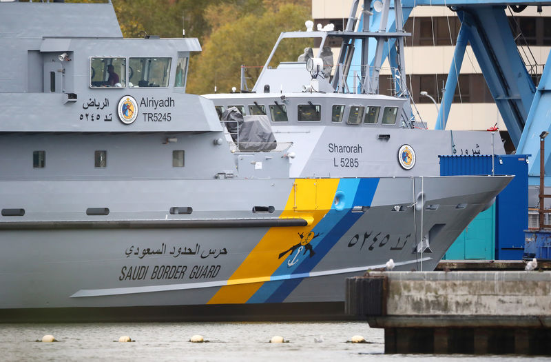 © Reuters. The coast guard boats "Alriyadh" and "Sharorah" for Saudi Arabia are pictured at the Luerssen Peene shipyard in Wolgast