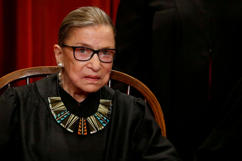 © Reuters. FILE PHOTO: Ginsburg participates in taking a new family photo with her fellow justices at the Supreme Court building in Washington