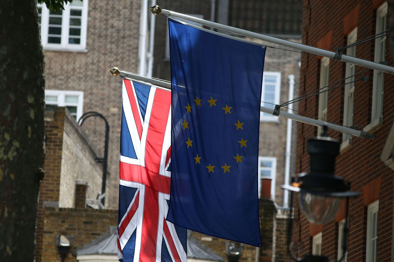 © Reuters. EU and British flags fly outside the European Commission building in London