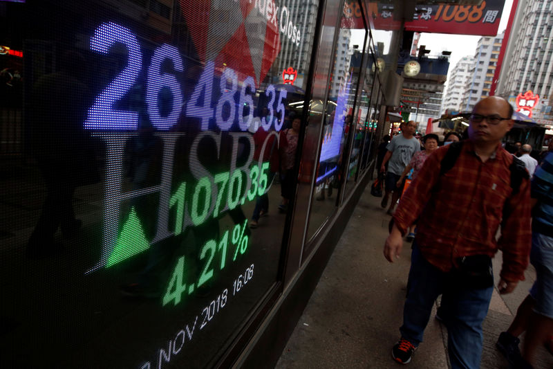 © Reuters. FILE PHOTO: A panel displays the closing Hang Seng Index in Hong Kong