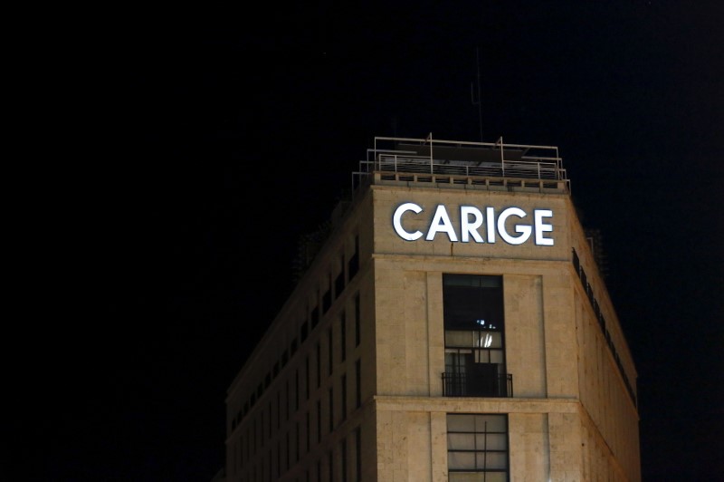 © Reuters. File photo of the logo of Carige bank is seen in Rome