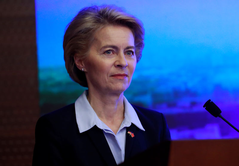 © Reuters. German Defense Minister Ursula von der Leyen delivers her lecture at the National Defense University in Beijing, China