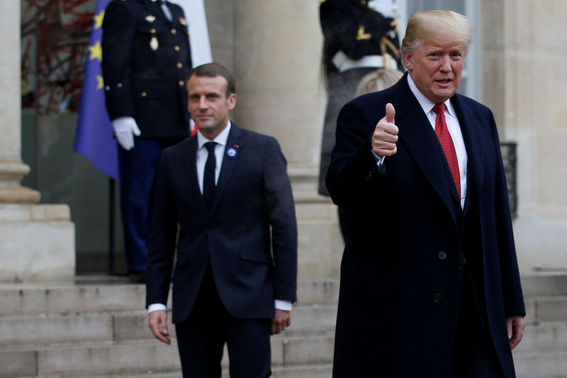 © Reuters. US President Donald Trump leaves after a meeting at the Elysee Palace on the eve of the commemoration ceremony for Armistice Day, 100 years after the end of the First World War, in Paris