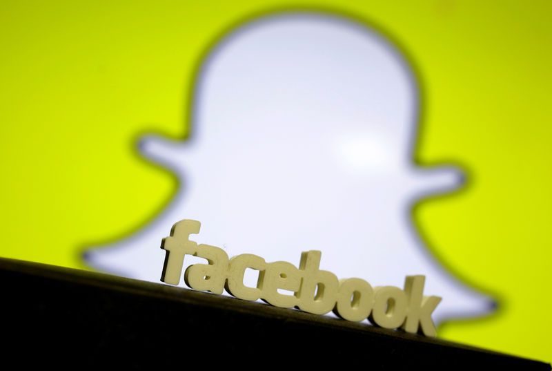 © Reuters. A 3D printed Facebook logo is seen in front of a displayed Snapchat logo in this picture illustration