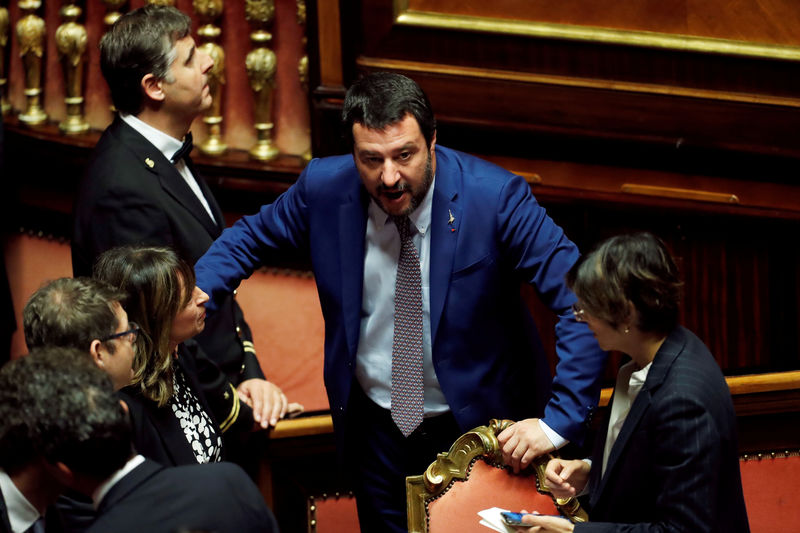 © Reuters. FILE PHOTO: Interior Minister Matteo Salvini is seen during a confidence vote in the upper house Senate in Rome