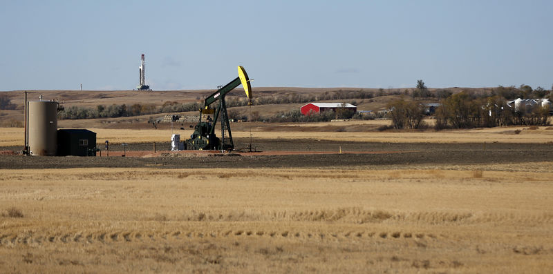 © Reuters. A farm is situated between an oil drilling rig and an oil pump head outside Watford