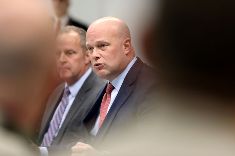 © Reuters. Acting Attorney General Matthew Whitaker speaks to state and local law enforcement in Des Moines, Iowa