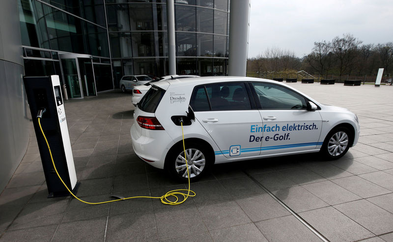 © Reuters. FILE PHOTO: VW e-Golf electric car charges outside the Transparent Factory in Dresden