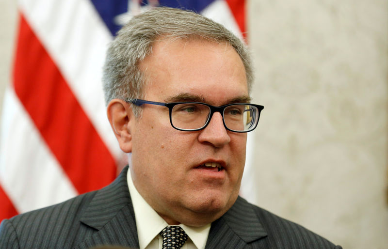 © Reuters. FILE PHOTO: Acting Administrator of the Environmental Protection Agency Andrew Wheeler speaks during an event in the Oval Office of the White House in Washington