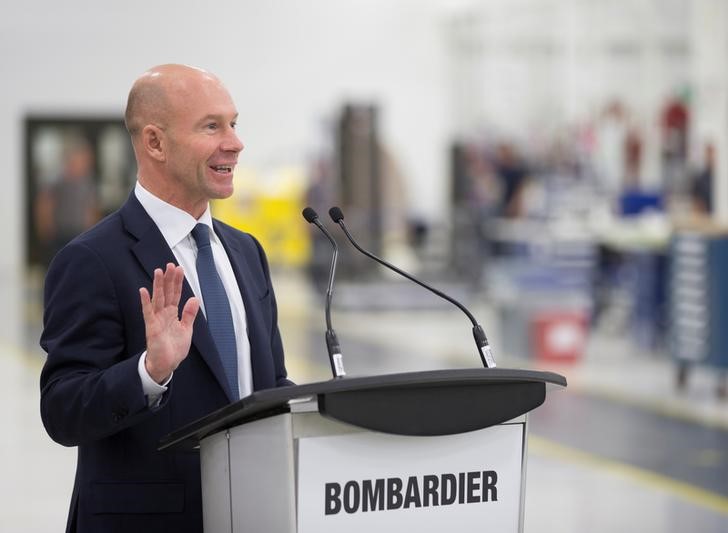 © Reuters. FILE PHOTO: Bellemare, President and CEO of Bombardier Inc., speaks during a news conference on the acceleration of Global 7000 business jet aircraft interior completion operations and the inauguration of the new Bombardier Centre of Excellence in Pointe-Claire