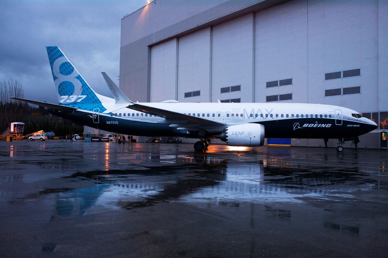 © Reuters. FILE PHOTO: A Boeing 737 MAX 8 sits outside the hangar during a media tour of the plane at the Boeing plant in Renton, Washington