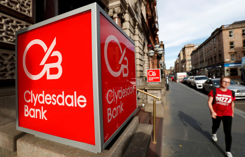 © Reuters. FILE PHOTO: The Clydesdale Bank logo is seen in St Vincent Place Glasgow, Scotland