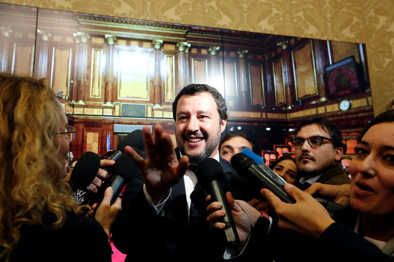 © Reuters. Interior Minister Matteo Salvini speaks to the media at the Senate in Rome