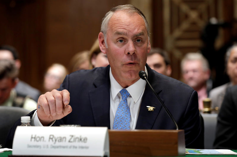 © Reuters. FILE PHOTO: U.S. Interior Secretary Ryan Zinke testifies before a Senate Appropriations Interior, Environment and Related Agencies Subcommittee hearing in Washington