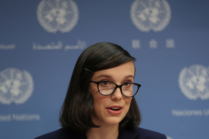 © Reuters. Millie Bobby Brown, the teenage star of Netflix series "Stranger Things", speaks after being named the UNICEF'S youngest ever Goodwill Ambassador in New York