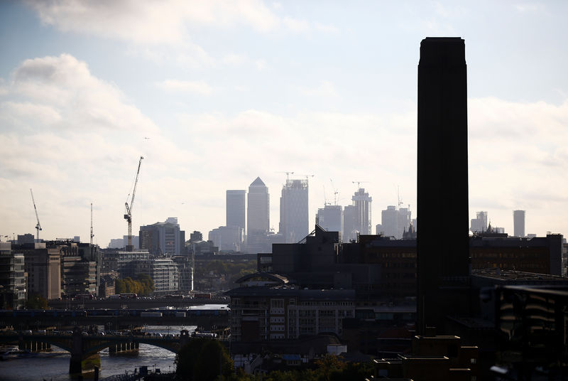 © Reuters. FILE PHOTO:  Canary Wharf skyline and the City of London can be seen from the Sea Containers building in London