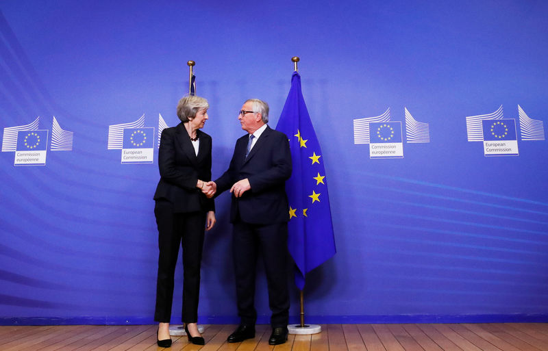 © Reuters. British Prime Minister Theresa May and European Commission President Jean-Claude Juncker shake hands before a meeting to discuss draft agreements on Brexit, at the EC headquarters in Brussels