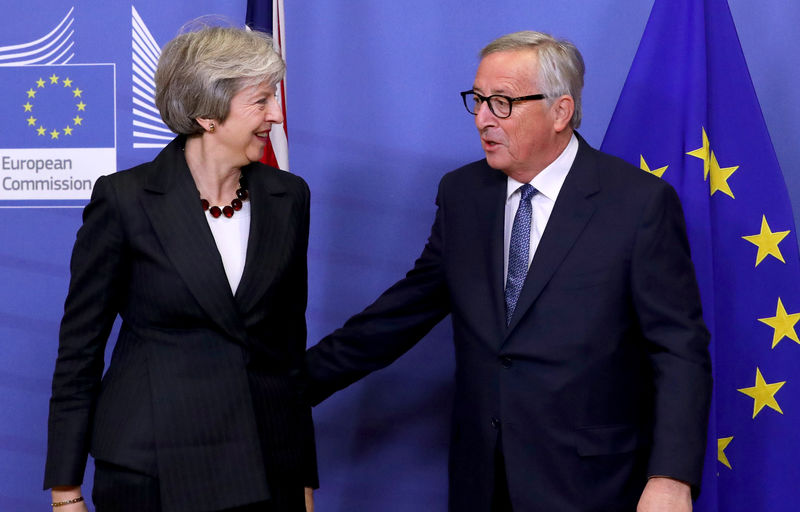 © Reuters. British Prime Minister Theresa May meets with European Commission President Jean-Claude Juncker to discuss draft agreements on Brexit, at the EC headquarters in Brussels