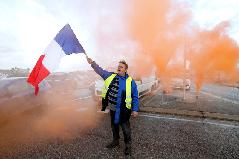 © Reuters. FILE PHOTO: A demonstrator wearing yellow vests, a symbol of a French drivers' protest against higher fuel prices, holds a French flag as they block the access to the Total biodiesel refinery at La Mede