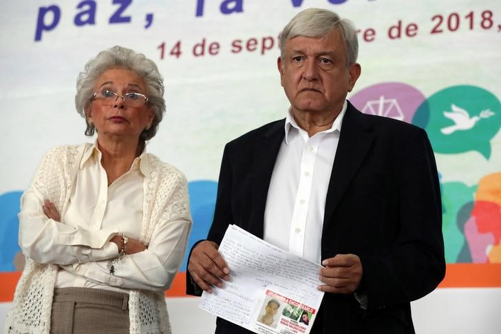 © Reuters. Imagen de archivo del presidente electo de México, Andrés Manuel López Obrador, y la próxima secretaria de Gobernación, Olga Sánchez Cordero, participando en un foro en Ciudad de México