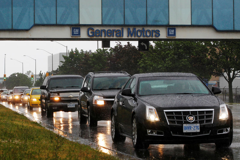 © Reuters. FILE PHOTO: A line up of cars is seen on a road after a shift change at the General Motors Car assembly plant in Oshawa